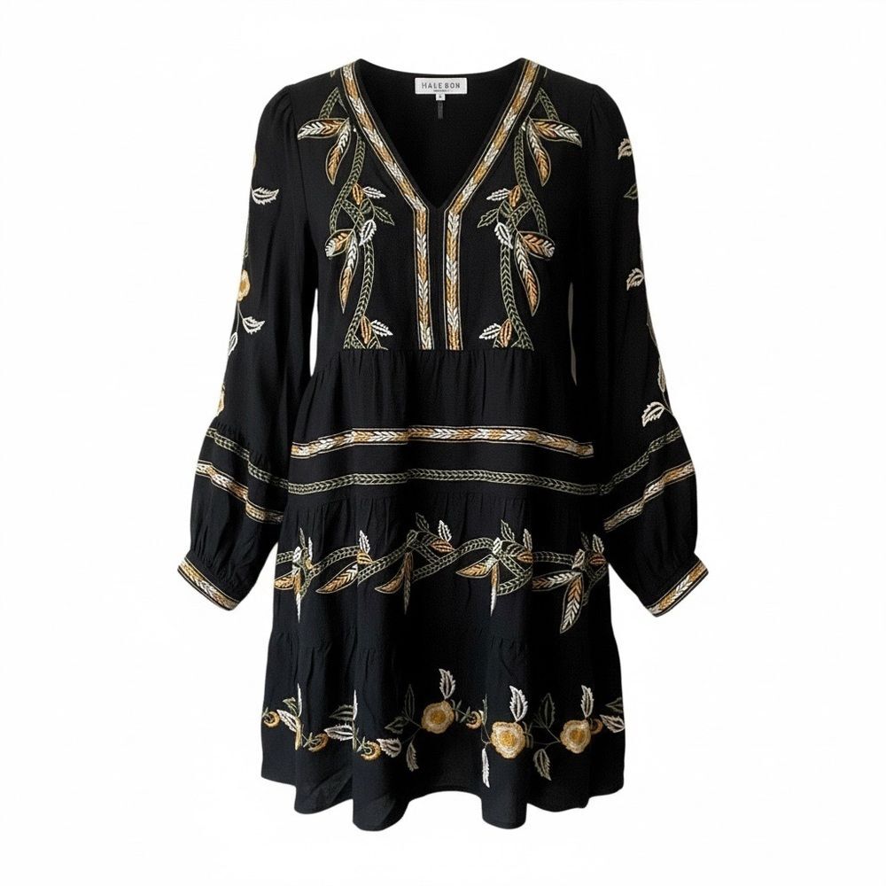 Hale Bob Los Angeles Embroidered Tiered Mini Dress - Black - Size M - Picture 3 of 12